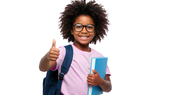 young kid girl black afro hair student holding a blue book pink shirt and showing thumb up sign, back to school isolated on transparent background