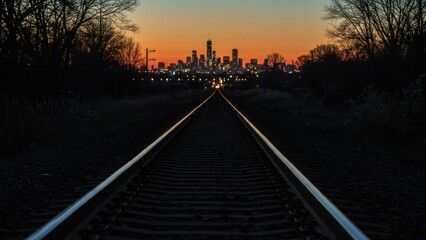 Fototapeta premium City skyline at dusk over train tracks