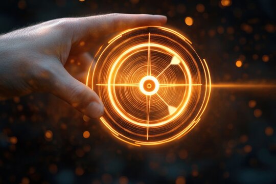 Human hand interacting with glowing circular futuristic holographic interface with target and radar elements in a dark environment