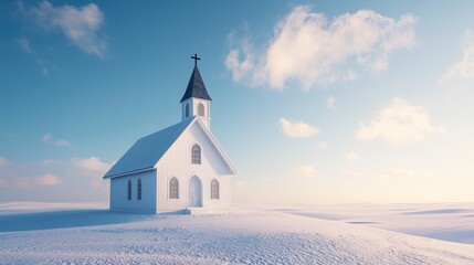 Simple white chapel standing alone in vast snowy landscape