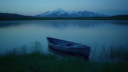 Tranquil mountain lake scene with a solitary canoe.