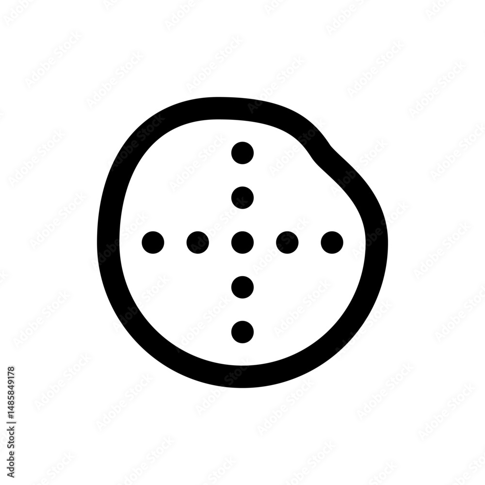 Poster a black and white image of a circle with a small notch and a cross of dots inside the circle design 
