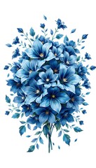 A vibrant bouquet of blue flowers with green  tipped leaves against a white background. 