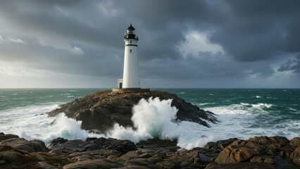 Obraz premium Lighthouse on rocky island being crashed by ocean waves