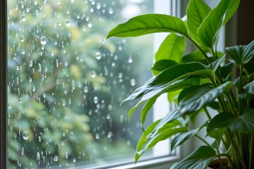 Obraz premium Rainy Day Serenity: Capturing the tranquility of a rainy day, this image features raindrops cascading down a windowpane, adjacent to a lush, vibrant houseplant.
