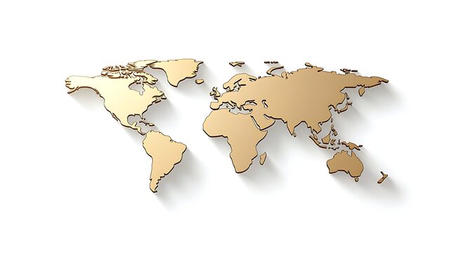 Golden world map illustration with shadows on a white background simple modern photo