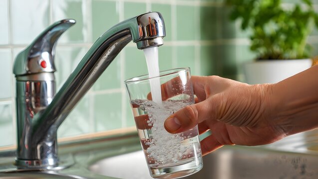 Clean Drinking Water Filling a Glass from a Kitchen Faucet
