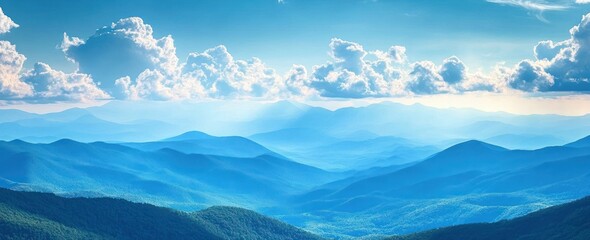 Expansive layered blue mountain ranges under a bright sky with scattered fluffy clouds and sunlight creating serene atmosphere