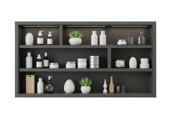 Various items displayed on shelf in neat arrangement.