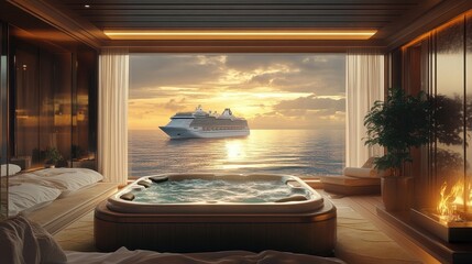 luxury suite with ocean view and private hot tub at sunset