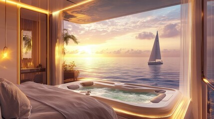 luxurious oceanfront suite with private hot tub and sunset view