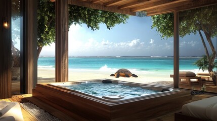 luxurious beachfront hot tub with ocean view and sea turtle