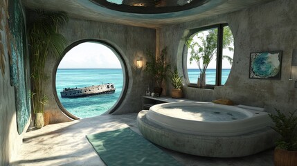 luxurious ocean view bathroom with shipwreck