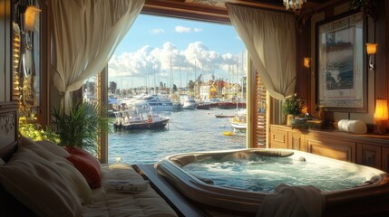 luxurious yacht suite with hot tub and harbor view