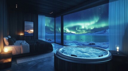 luxurious arctic suite with hot tub and aurora borealis view