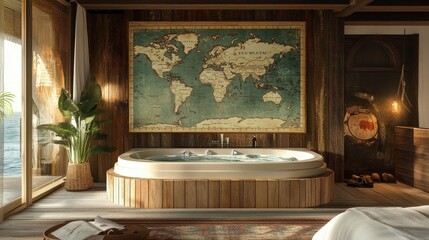luxurious wooden bathroom with ocean view and vintage world map