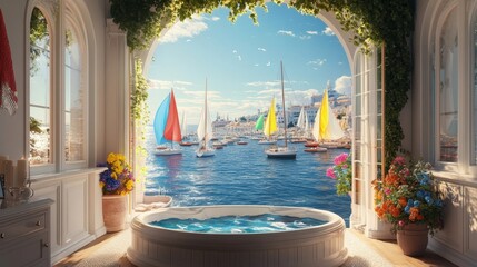 luxurious spa tub overlooking a stunning seascape with colorful