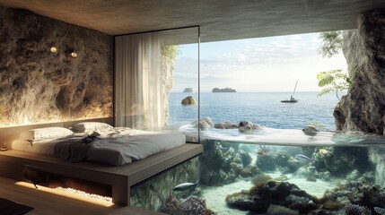 luxurious oceanfront bedroom with underwater view