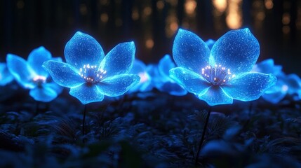 Glowing blue flowers emitting soft light in a dark forest setting with blurred background of trees and warm sunset glow