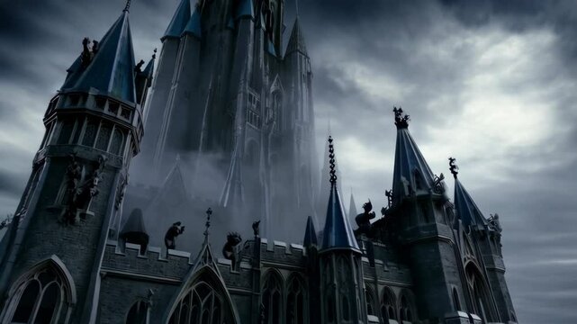 Gothic castle with dark, imposing spires and towers shrouded in mist against a cloudy sky for a dramatic scene.