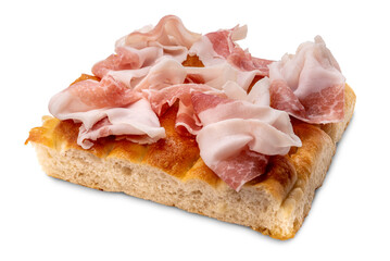 Slice of Genoa focaccia bread with slices of lard on top, tasty flatbread snack isolated