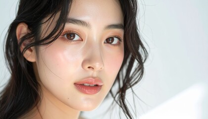Naklejka premium 日本人, 超リアル, 美しい, 若い女性, 顔, クローズアップ, 欠点のない肌, 輝く肌質, ナチュラルメイク, 柔らかなライティング, 美容CM風, シネマティック, カメラ目線, 高解像度,Japanese, ultra-realistic, beautiful, young woman, face, close-up, flawless skin, glowing complexion
