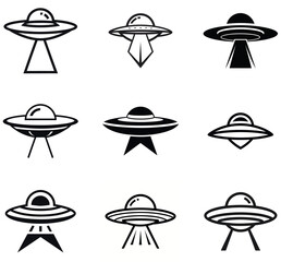 Minimalist UFO Silhouette Icons Set, Alien Spaceship Vector Illustrations, Black and White Flying Saucer