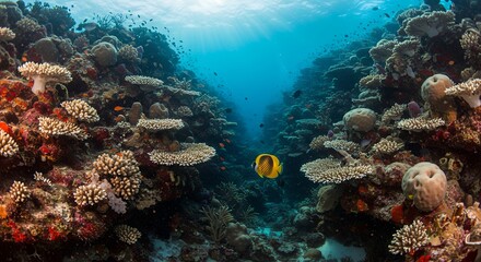 Obraz premium Fish Swimming Near Colorful Coral Reef Underwater