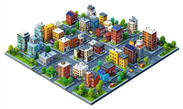 Isometric city model, urban planning,  residential area,  green spaces, aerial view,  website design