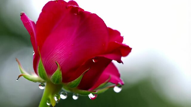 Close-up of a red rose blossom with water droplets on the petals and green stem in soft focus.