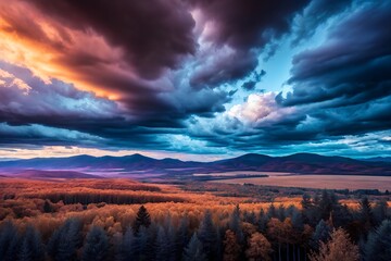 Obraz premium Autumn Forest Valley Under Dramatic Stormy Sky at Sunset