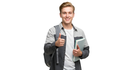 Young smiling blond young male student holding a book and showing thumb up sign, isolated on transparent background
