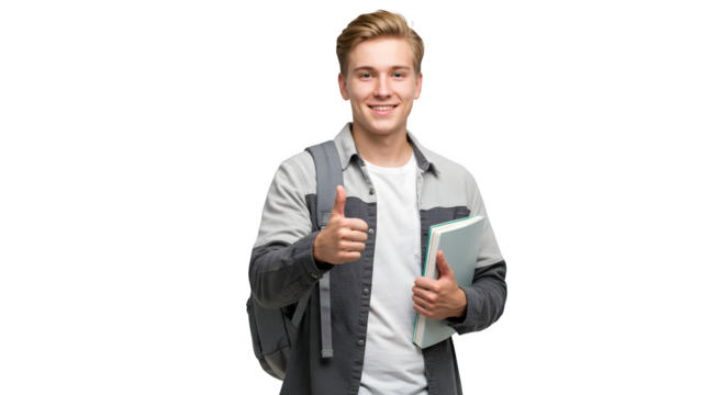 Young smiling blond young male student holding a book and showing thumb up sign, isolated on transparent background