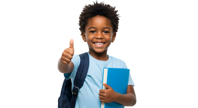 Smiling young kid child black male afro hair student holding a book and showing thumb up sign, isolated on transparent background