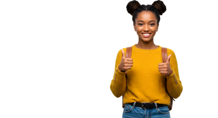 Smiling young girl black male afro hair student holding a book and showing thumb up sign, isolated on transparent background