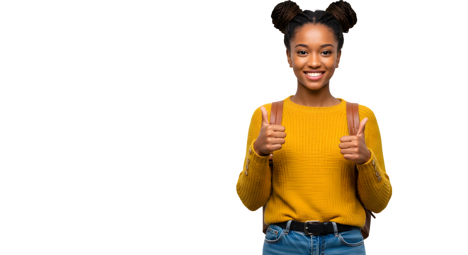 Smiling young girl black male afro hair student holding a book and showing thumb up sign, isolated on transparent background