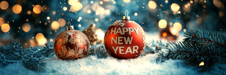 Festive New Year's Eve Baubles on Snowy Branches with Sparkling Lights