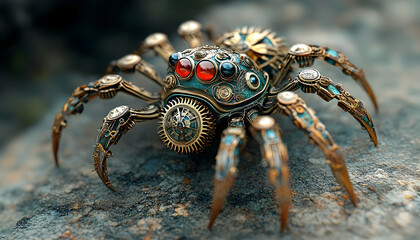 A detailed steampunk spider made from brass, gears and colored jewels, resting on a rock surface