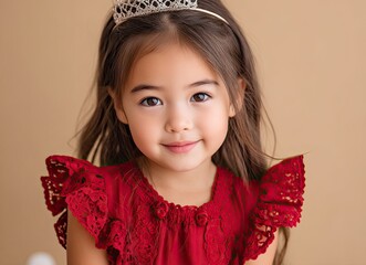 portrait of an Asian girl wearing a red lace sleeveless princess gown with puffy sleeves and a tiara, against a solid color background.