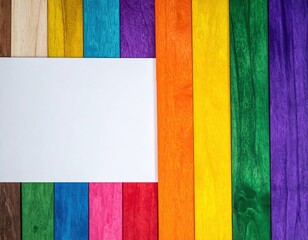 A vibrant, multicolored wooden background featuring a variety of hues, with a smooth, blank sheet of white paper placed centrally for notes or artwork.