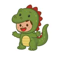 Fototapeten cartoon illustration of a boy wearing a dinosaurus costume © Desain Simple