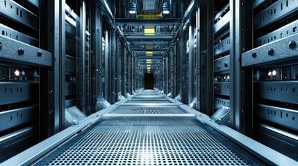 A server room with rows of servers and racks, illuminated by blue and white lights, with a metal floor and walls, and a dark background.