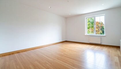 Obraz premium A spacious, empty room featuring polished wooden floors, large windows allowing natural light to flood in, and neutral-colored walls, creating a serene atmosphere.