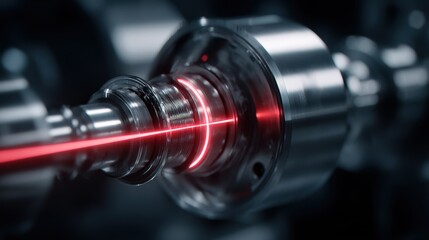 Fototapeta premium Alignment pump. Close-up of a precision machine part with a glowing red laser beam.