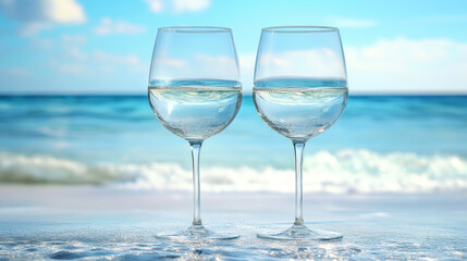 Obraz premium Empty wine glasses set for an ocean-view dinner, ideal for romantic beach evenings
