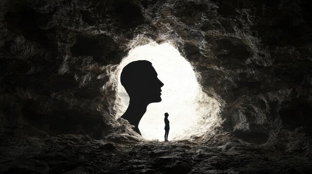 woman facing giant head silhouette in cave entrance