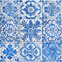 Decorative blue and white ceramic tiles with intricate floral and geometric patterns arranged in a symmetrical grid