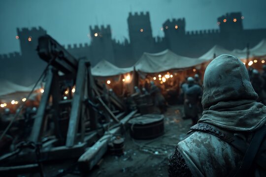 Mongol siege engineers constructing a trebuchet outside a walled city with timber and ropes