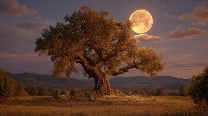 Enchanting night landscape featuring a large solitary tree under a glowing full moon, casting serene shadows across the countryside