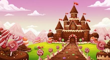 Sweet Dessert Landscape Featuring Chocolate Castle and Candy Surrounded by Green Grass